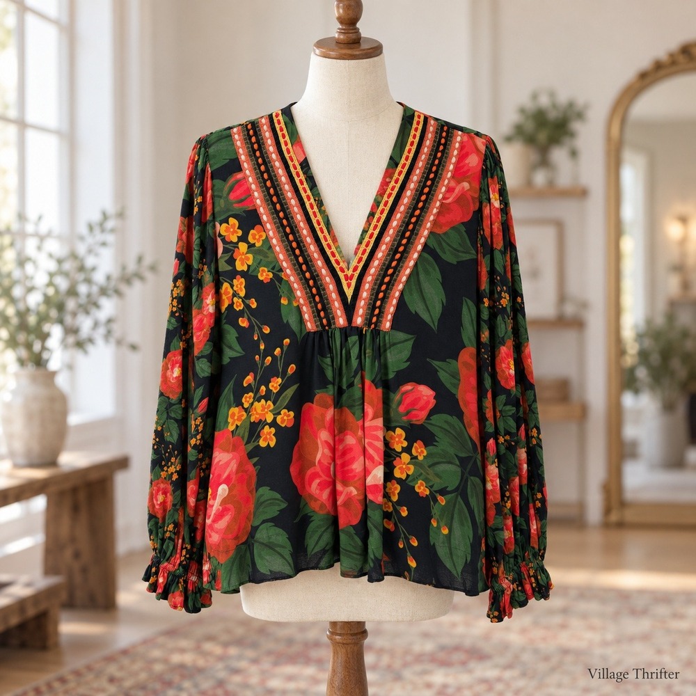 Blank London Floral Top Womens Large Black V-Neck Embroidered Boho Long Sleeve